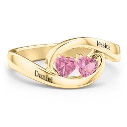 Engravable Double Heart Gemstone Wave Ring in 18K Gold Plated Silver with Pink Tourmaline