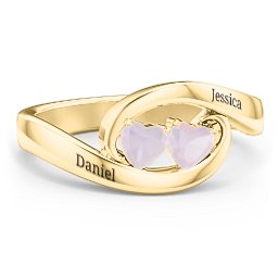 Engravable Double Heart Gemstone Wave Ring in 18K Gold Plated Silver with Opal