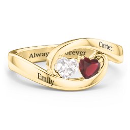 Engravable Double Heart Gemstone Wave Ring in 18K Gold Plated Silver with Cubic Zirconia and Garnet
