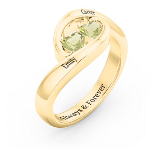 Engravable Double Heart Gemstone Wave Ring – 18K Gold Plated Silver with Peridot