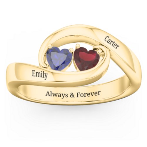 Engravable Double Heart Gemstone Wave Ring – 18K Gold Plated Silver with Blue Sapphire and Garnet