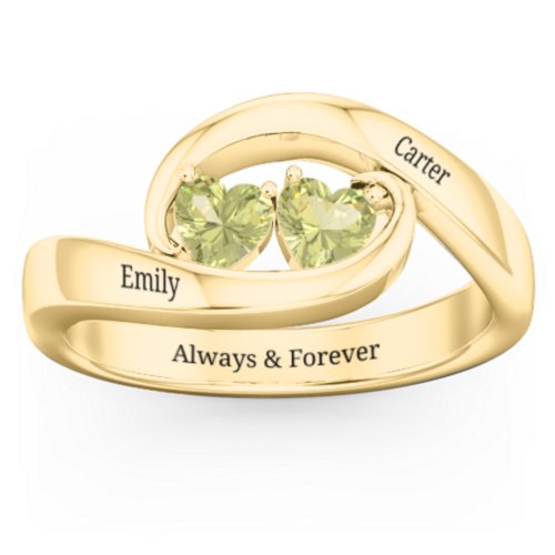 Engravable Double Heart Gemstone Wave Ring – 18K Gold Plated Silver with Peridot