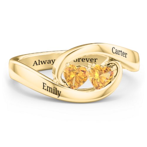 Engravable Double Heart Gemstone Wave Ring – 18K Gold Plated Silver with Citrine