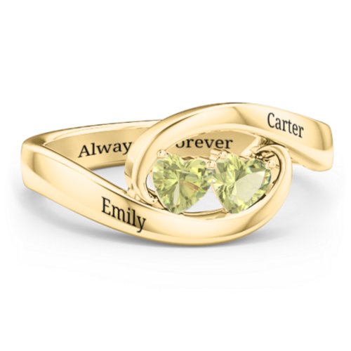 Engravable Double Heart Gemstone Wave Ring – 18K Gold Plated Silver with Peridot