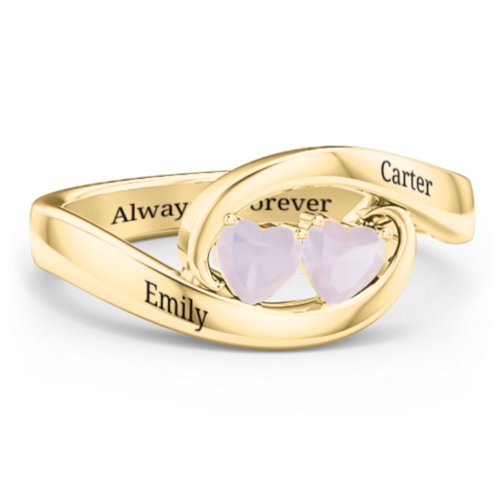 Engravable Double Heart Gemstone Wave Ring – 18K Gold Plated Silver with Opal