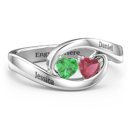 Engravable Double Heart Gemstone Wave Ring in 925 Sterling Silver with Emerald and Ruby