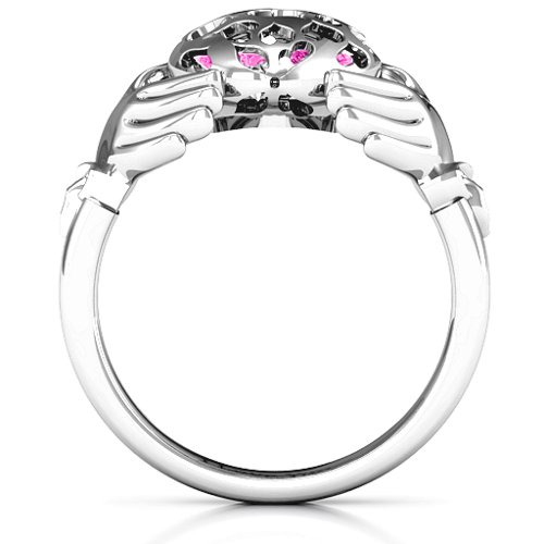 Caged Hearts Claddagh Ring – Sterling Silver with Pink Tourmaline and Cubic Zirconia