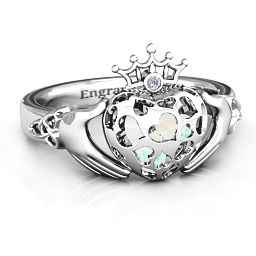 Caged Hearts Claddagh Ring in 925 Sterling Silver with Opal and Ruby