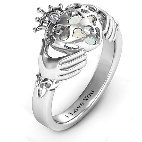 Caged Hearts Claddagh Ring – Sterling Silver with Opal and Cubic Zirconia
