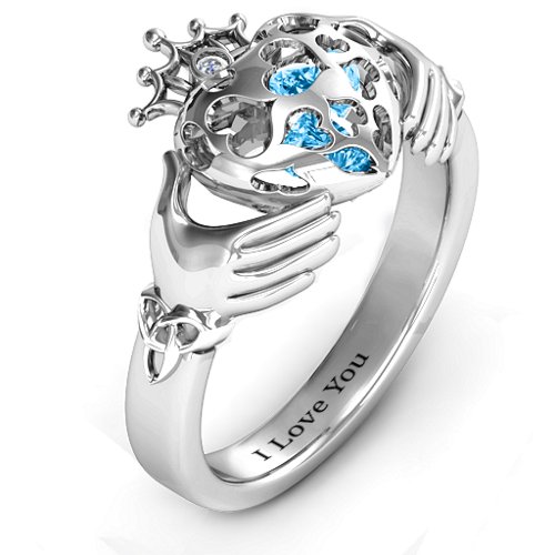 Caged Hearts Claddagh Ring – Sterling Silver with Blue Topaz and Cubic Zirconia