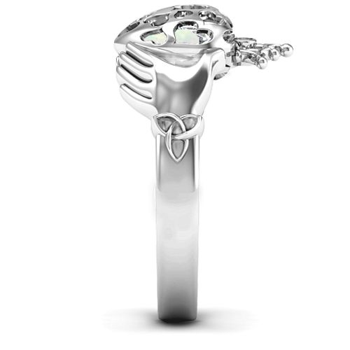 Caged Hearts Claddagh Ring – Sterling Silver with Opal and Cubic Zirconia