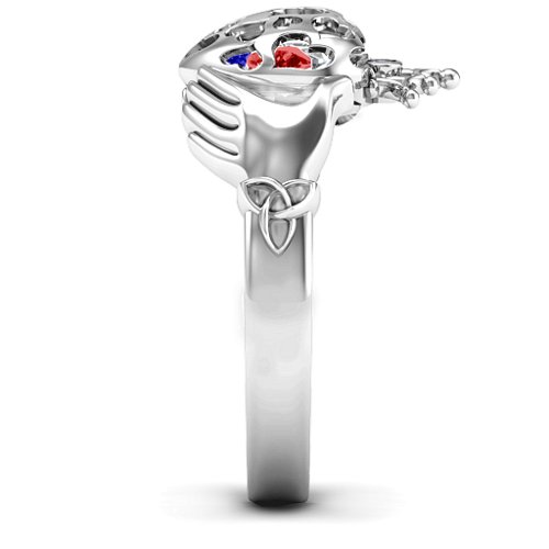 Caged Hearts Claddagh Ring – Sterling Silver with Blue Sapphire, Garnet, and Cubic Zirconia