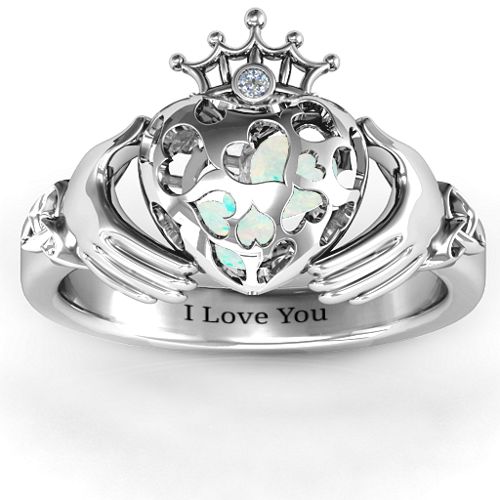 Caged Hearts Claddagh Ring – Sterling Silver with Opal and Cubic Zirconia