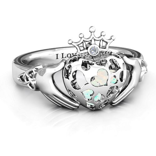 Caged Hearts Claddagh Ring – Sterling Silver with Opal and Cubic Zirconia