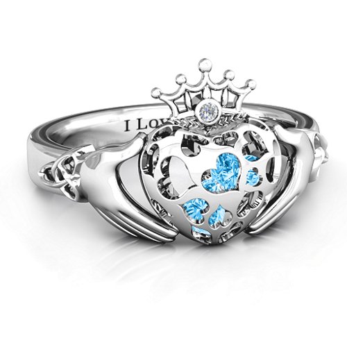 Caged Hearts Claddagh Ring – Sterling Silver with Blue Topaz and Cubic Zirconia
