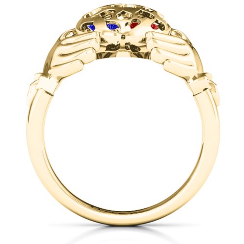 Caged Hearts Claddagh Ring – 9kt Yellow Gold with Blue Sapphire, Garnet, and Cubic Zirconia