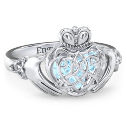 Caged Hearts Celtic Claddagh Ring in 925 Sterling Silver with Blue Topaz