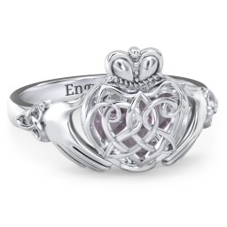 Caged Hearts Celtic Claddagh Ring in 925 Sterling Silver with Alexandrite