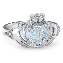 Caged Hearts Celtic Claddagh Ring in 925 Sterling Silver with Blue Topaz