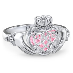 Caged Hearts Celtic Claddagh Ring in 925 Sterling Silver with Pink Tourmaline