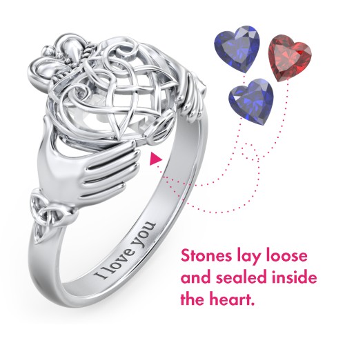 Caged Hearts Celtic Claddagh Ring – Sterling Silver with Blue Sapphire and Garnet