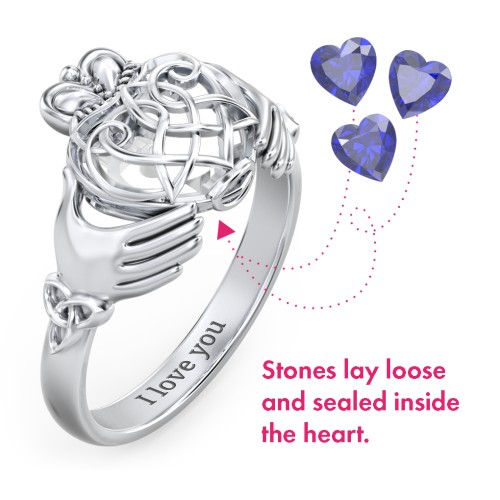 Caged Hearts Celtic Claddagh Ring – Sterling Silver with Blue Sapphire