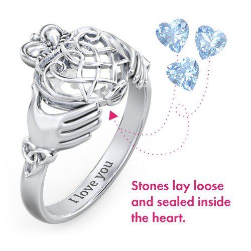 Caged Hearts Celtic Claddagh Ring – Sterling Silver with Blue Topaz