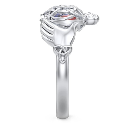 Caged Hearts Celtic Claddagh Ring – Sterling Silver with Blue Sapphire and Garnet