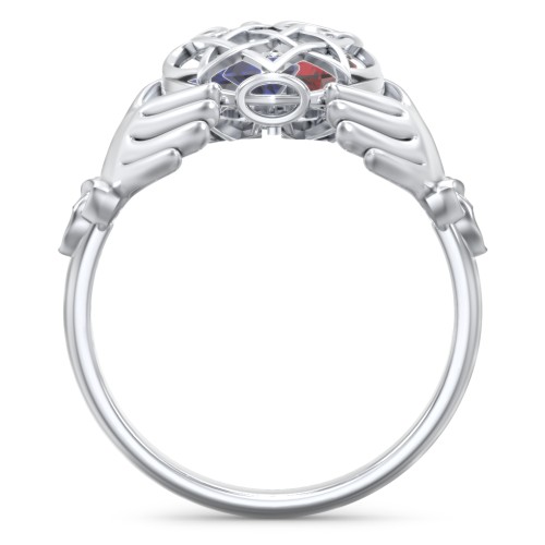 Caged Hearts Celtic Claddagh Ring – Sterling Silver with Blue Sapphire and Garnet