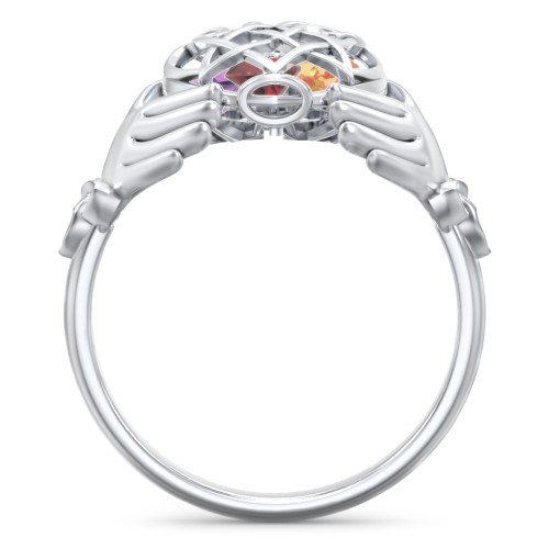 Caged Hearts Celtic Claddagh Ring – Sterling Silver with Garnet, Citrine, and Amethyst