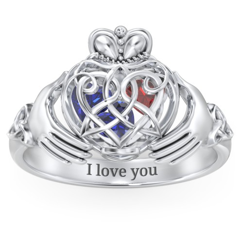 Caged Hearts Celtic Claddagh Ring – Sterling Silver with Blue Sapphire and Garnet