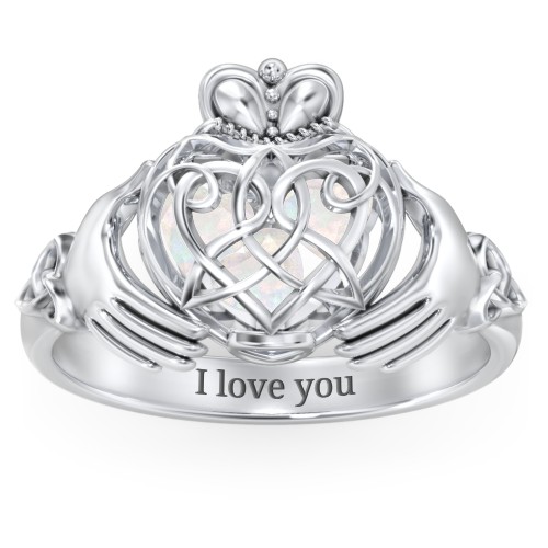 Caged Hearts Celtic Claddagh Ring – Sterling Silver with Opal
