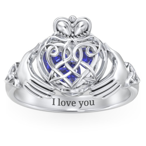 Caged Hearts Celtic Claddagh Ring – Sterling Silver with Blue Sapphire