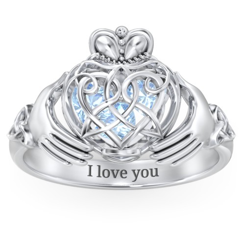 Caged Hearts Celtic Claddagh Ring – Sterling Silver with Blue Topaz