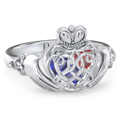 Caged Hearts Celtic Claddagh Ring – Sterling Silver with Blue Sapphire and Garnet