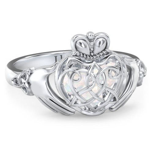 Caged Hearts Celtic Claddagh Ring – Sterling Silver with Opal