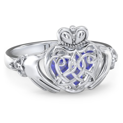 Caged Hearts Celtic Claddagh Ring – Sterling Silver with Blue Sapphire