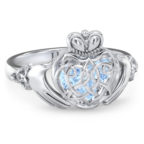 Caged Hearts Celtic Claddagh Ring – Sterling Silver with Blue Topaz