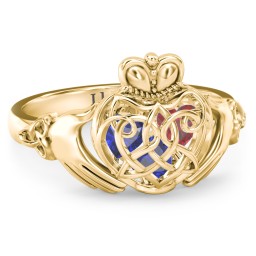 Caged Hearts Celtic Claddagh Ring in 9K Solid Yellow Gold with Blue Sapphire and Garnet