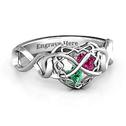 My Infinite Love Caged Hearts Ring in 925 Sterling Silver with Emerald, Ruby, and Cubic Zirconia