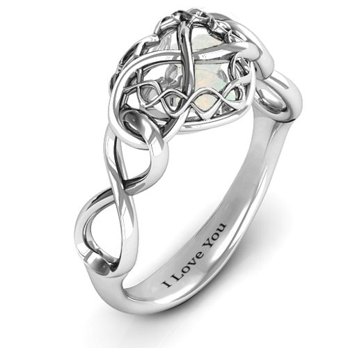 My Infinite Love Caged Hearts Ring – Sterling Silver with Opal