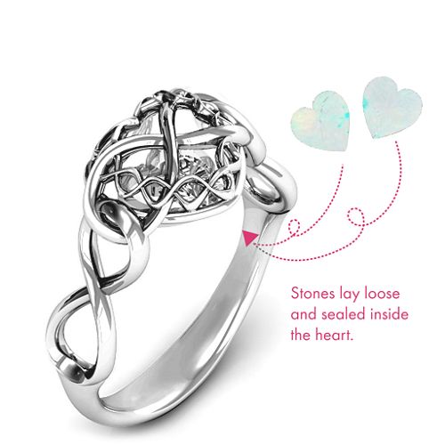 My Infinite Love Caged Hearts Ring – Sterling Silver with Opal