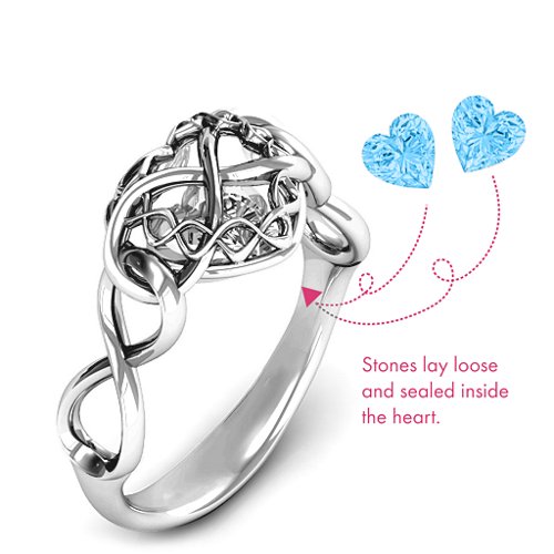 My Infinite Love Caged Hearts Ring – Sterling Silver with Blue Topaz