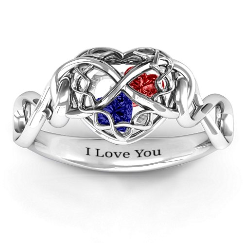 My Infinite Love Caged Hearts Ring – Sterling Silver with Blue Sapphire and Garnet