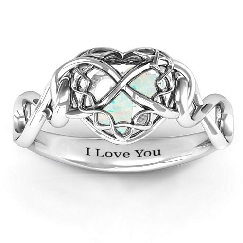 My Infinite Love Caged Hearts Ring – Sterling Silver with Opal