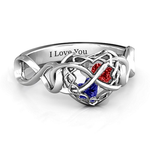 My Infinite Love Caged Hearts Ring – Sterling Silver with Blue Sapphire and Garnet