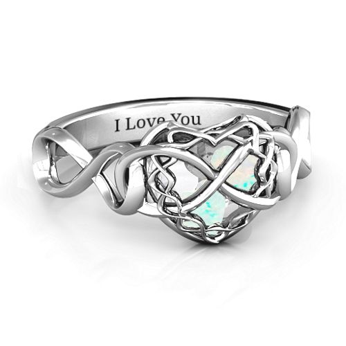 My Infinite Love Caged Hearts Ring – Sterling Silver with Opal