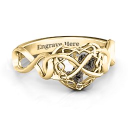 My Infinite Love Caged Hearts Ring in 9K Solid Yellow Gold with Smokey Quartz