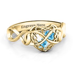 My Infinite Love Caged Hearts Ring in 9K Solid Yellow Gold with Blue Topaz