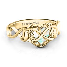 My Infinite Love Caged Hearts Ring in 9K Solid Yellow Gold with Opal